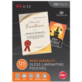 GBC LAMINATING POUCH GLOSS 125 MICRON A4 CLEAR PACK 100