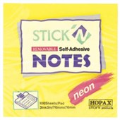 STICKN NOTES SELFADHESIVE 100 SHEET W76 X L76MM NEON LEMON